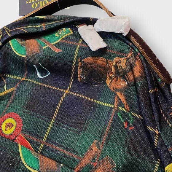Polo Ralph Lauren Equestrian Backpack Plaid Leather Logo Icons Canvas Backpack - Picture 4 of 10